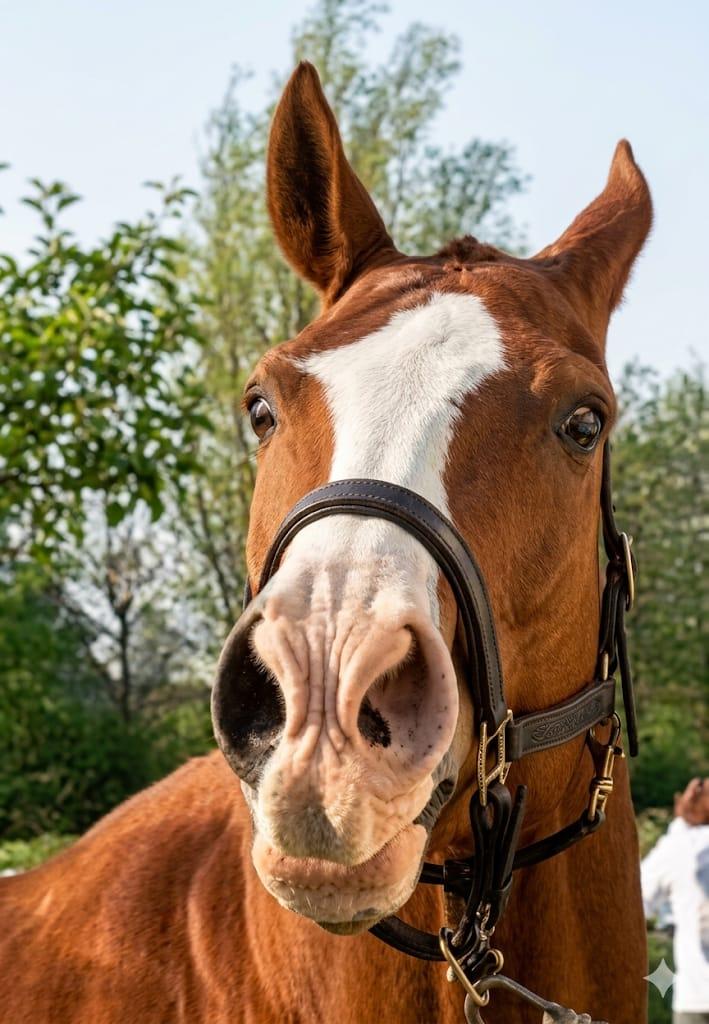 Vriendelijk vosbruin paard met halster, klaar voor een zoutbehandeling van SaltySuzy