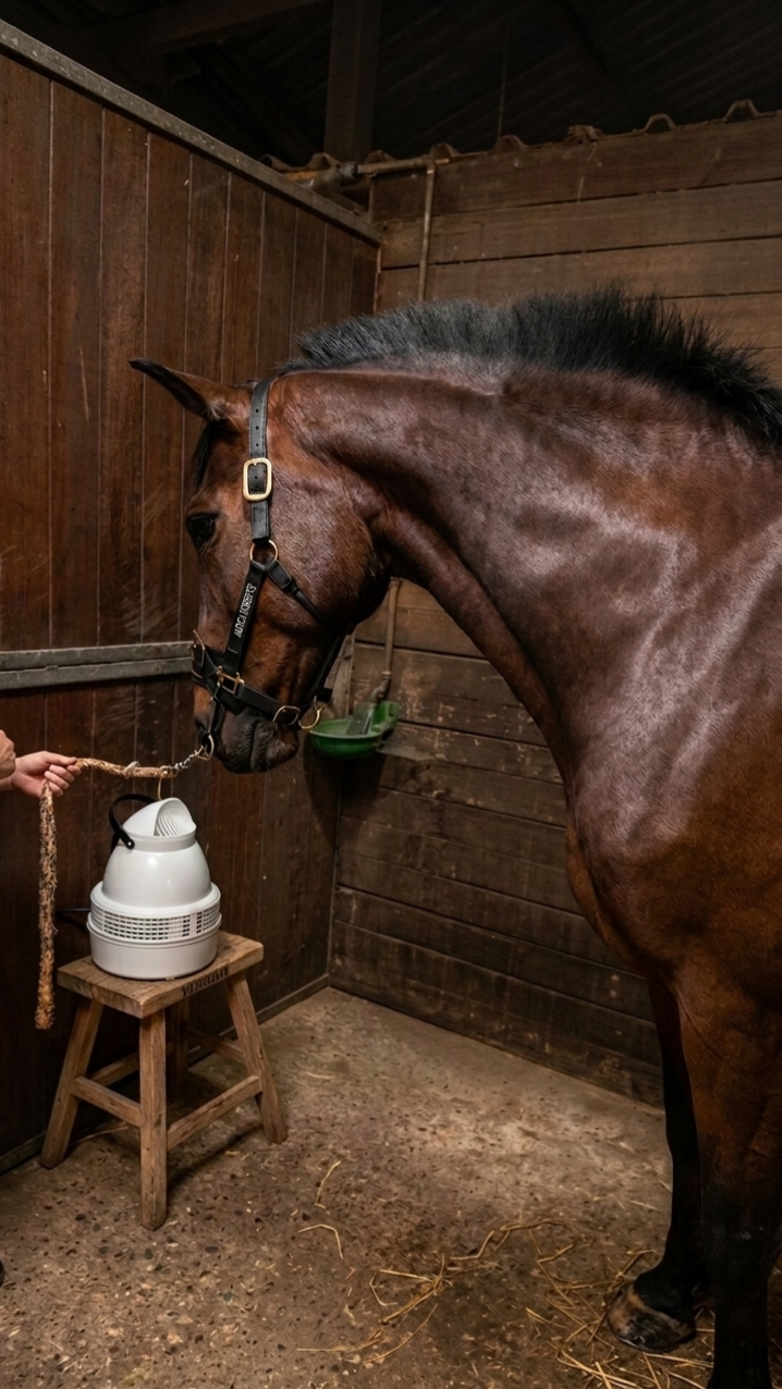 Paard in de stal maakt kennis met de halogenerator tijdens een zoutbehandeling